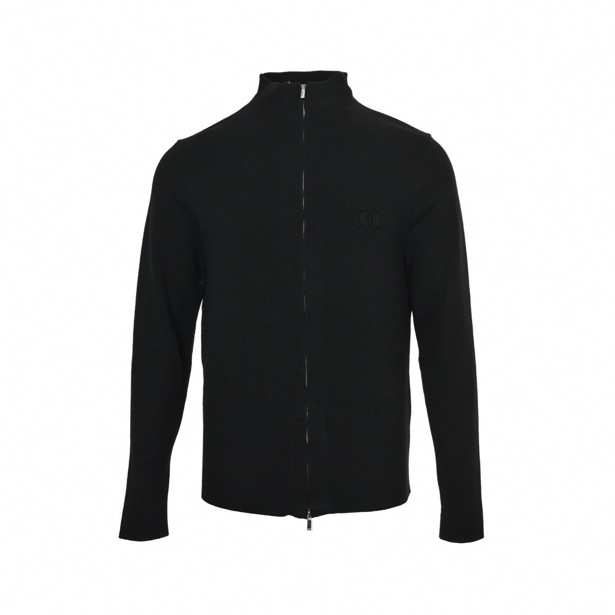 CD Embossed Full-Zip Stand-Collar Knit Sweater Jacket in Jet Black