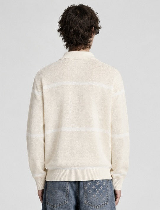 Striped Long-Sleeved Knit Polo Jumper in Cream & Tan Leather Patch