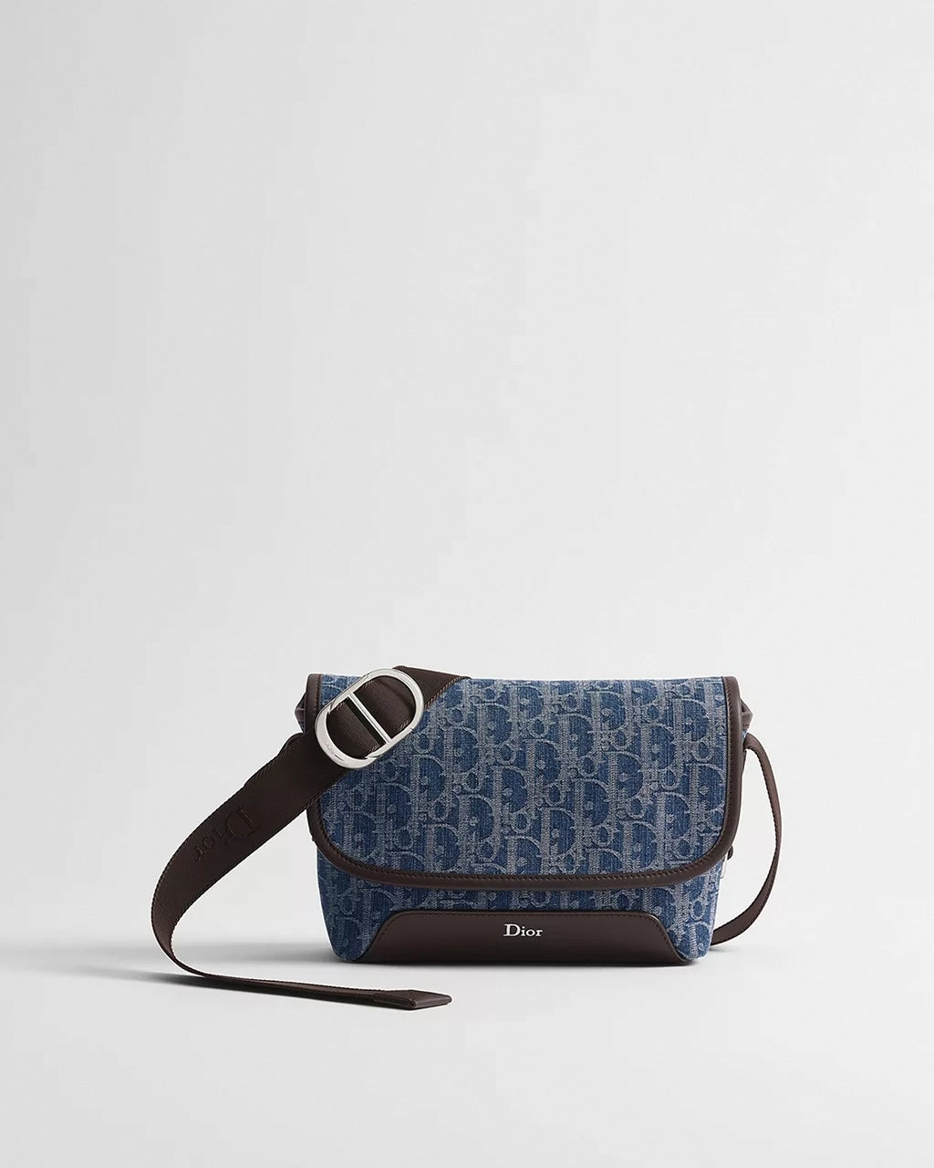 Mini Jett Flap Messenger Bag in Blue Dior Oblique Denim Jacquard & Brown Leather