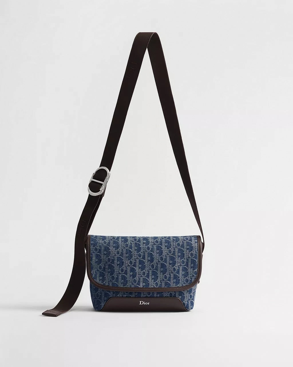 Mini Jett Flap Messenger Bag in Blue Dior Oblique Denim Jacquard & Brown Leather