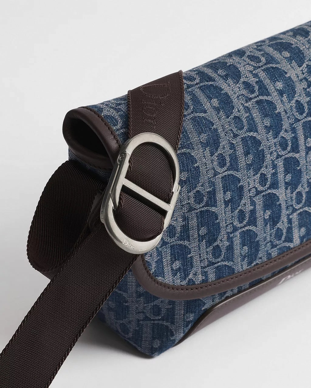 Mini Jett Flap Messenger Bag in Blue Dior Oblique Denim Jacquard & Brown Leather