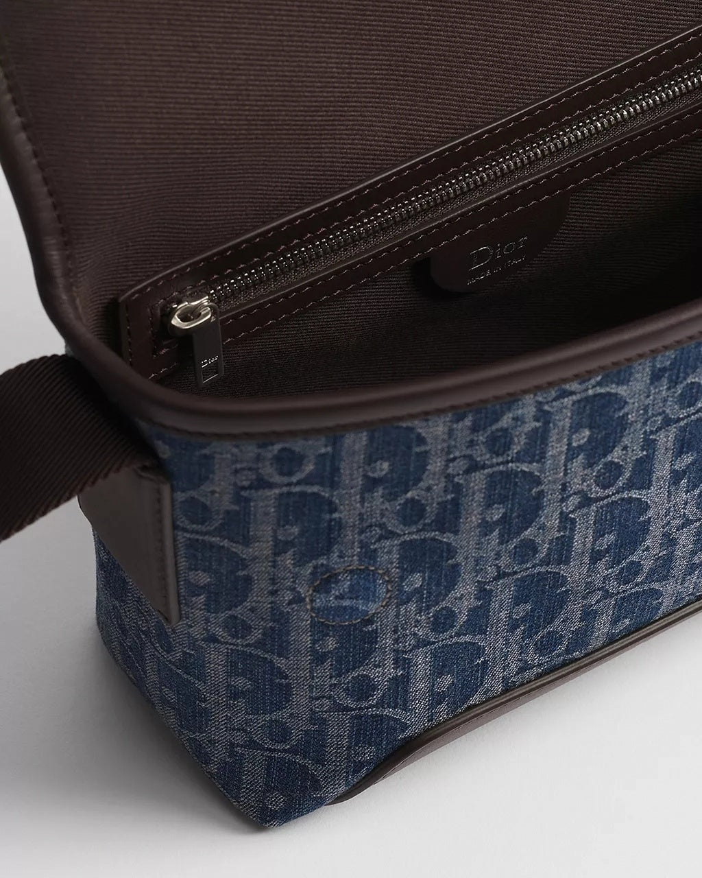 Mini Jett Flap Messenger Bag in Blue Dior Oblique Denim Jacquard & Brown Leather