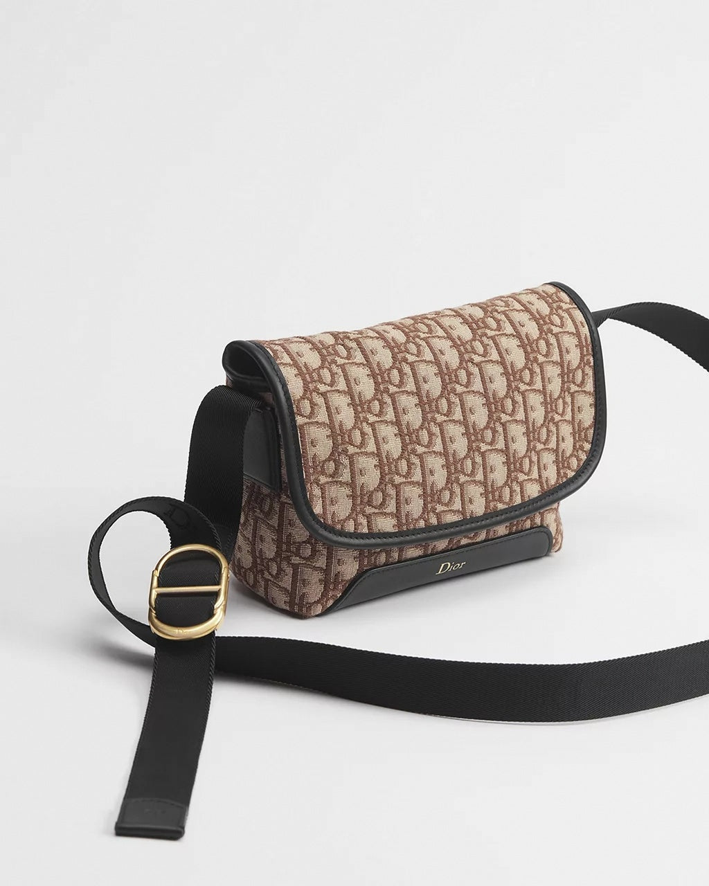 Mini Jett Flap Messenger Bag in Beige & Brown Dior Oblique Jacquard with Black Leather