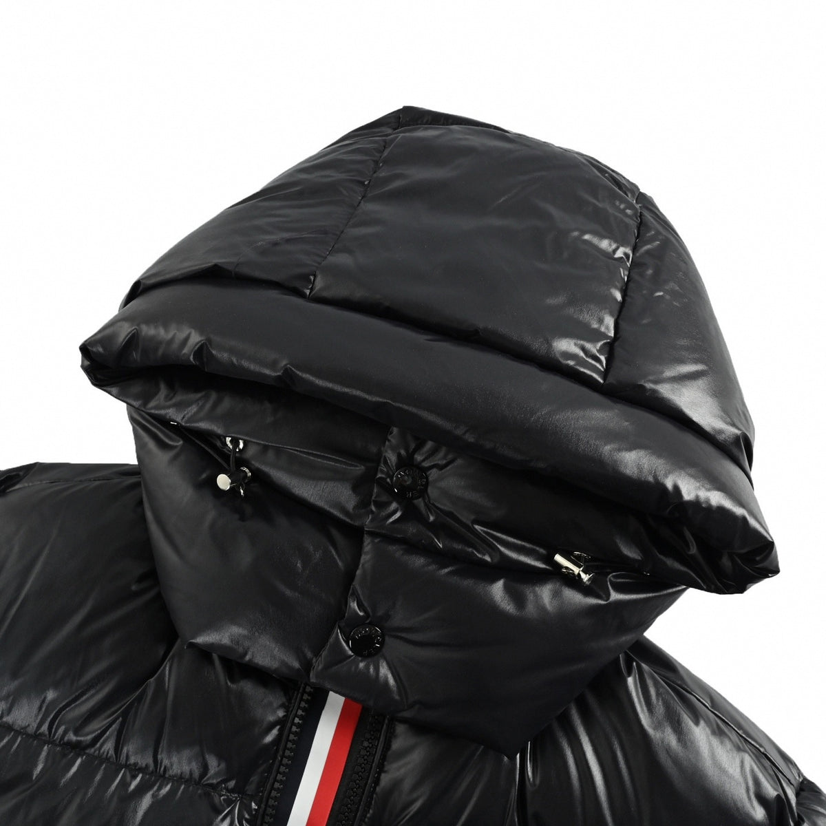 Tricolor Zip Hooded Down Puffer Jacket in Shiny Black