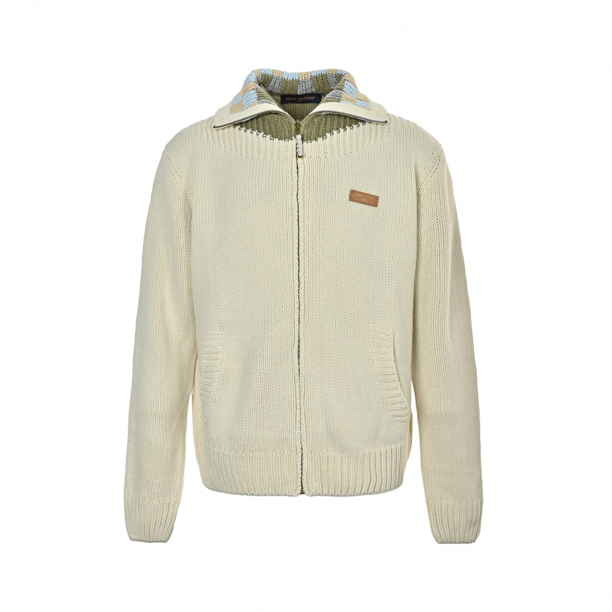 Damier-Trim Pearl-Zip Knit Cardigan