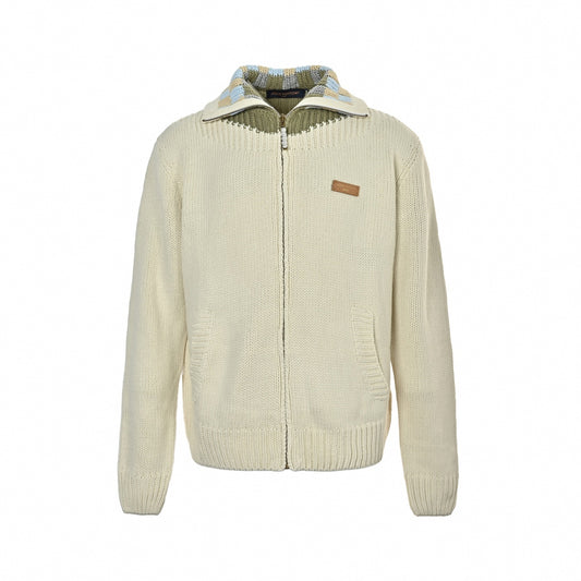 Damier-Trim Pearl-Zip Knit Cardigan