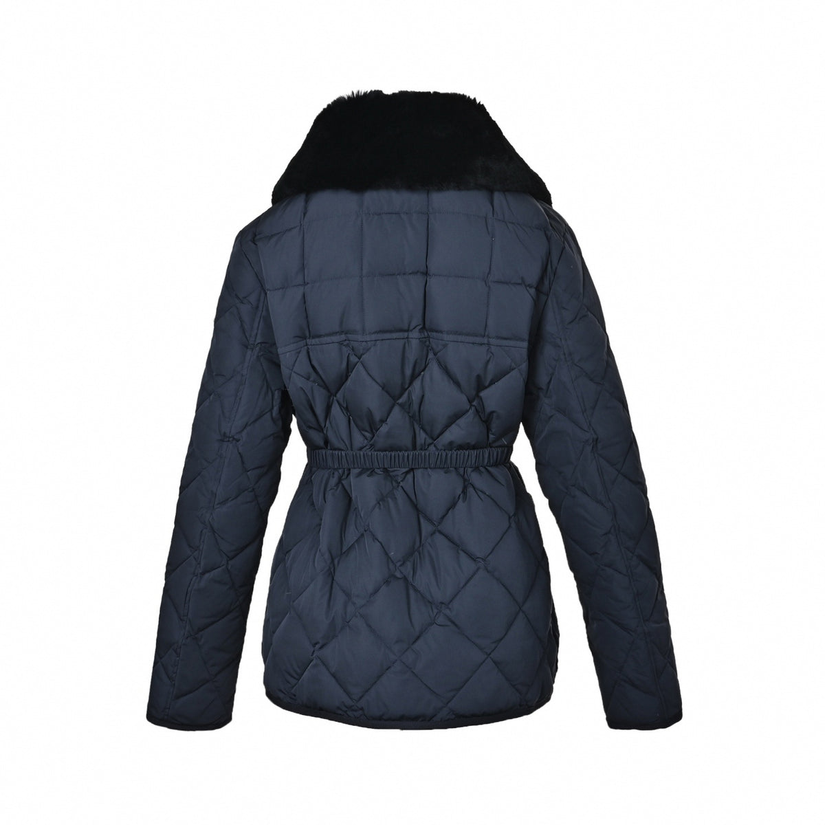 Diamond Quilted Fur-Collar Belted Jacket in Dark Navy Blue