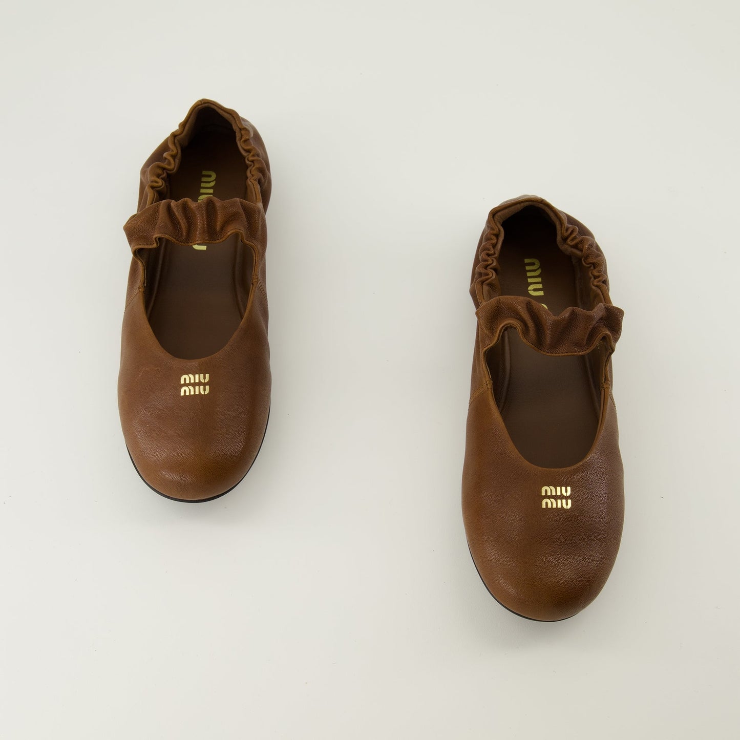 Brown Leather Ruched Ballerinas