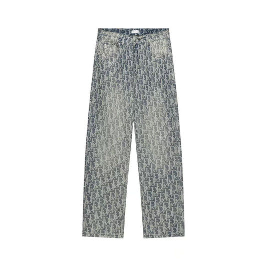 Oblique All-Over Print Faded Denim Jeans | Blue