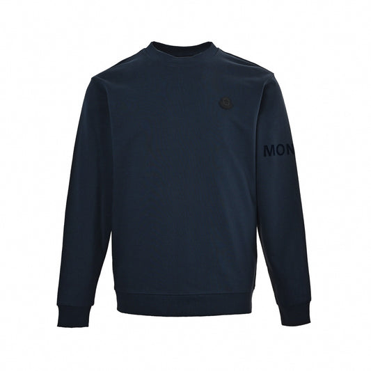 Tonal Logo Badge & Sleeve Print Crewneck Sweatshirt in Navy Blue