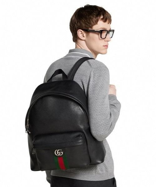 Medium GG Web Leather Backpack - Black