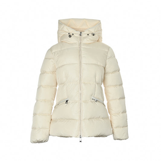 Avoce Cinch-Waist Hooded Short Down Jacket in Cream White