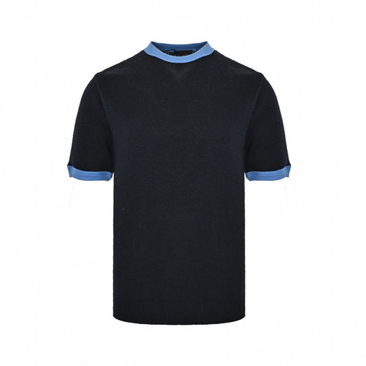 Contrast-Trim Knit T-Shirt | Navy Blue & Light Blue