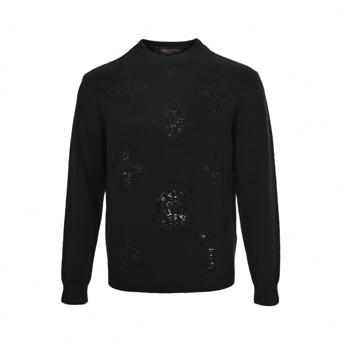 Monogram Braided Motif Cotton Crewneck Sweater in Black