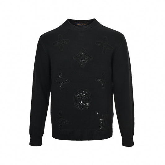 Monogram Braided Motif Cotton Crewneck Sweater in Black
