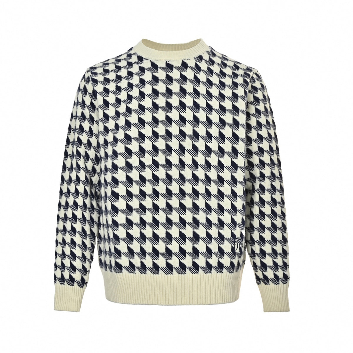 Graphic Jacquard Knit Crewneck Sweater in Off-White & Navy