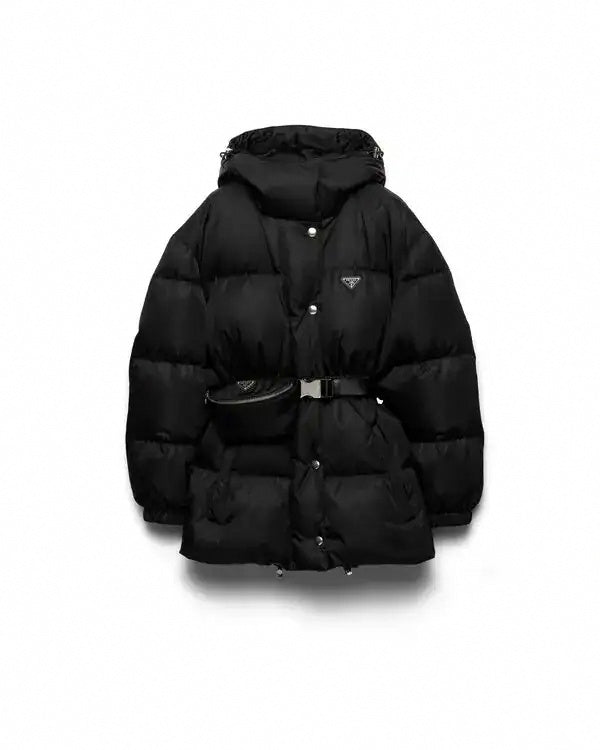 Belted Puffer Jacket with Pouch - Black