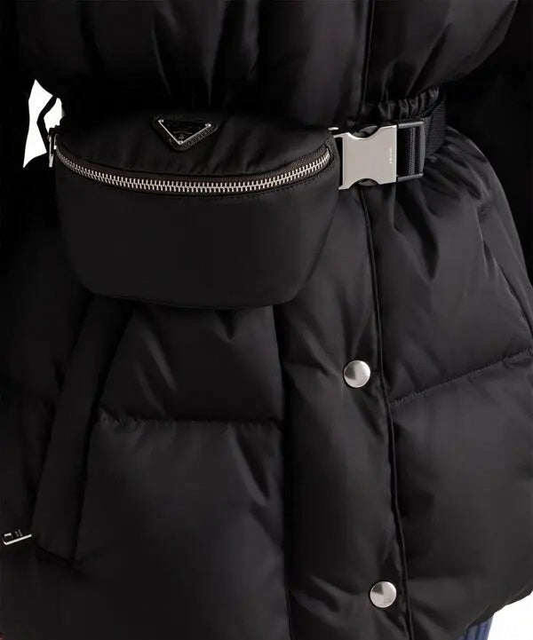 Belted Puffer Jacket with Pouch - Black