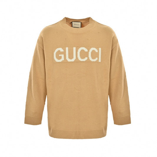 Intarsia Logo Pointelle Wool Sweater | Beige
