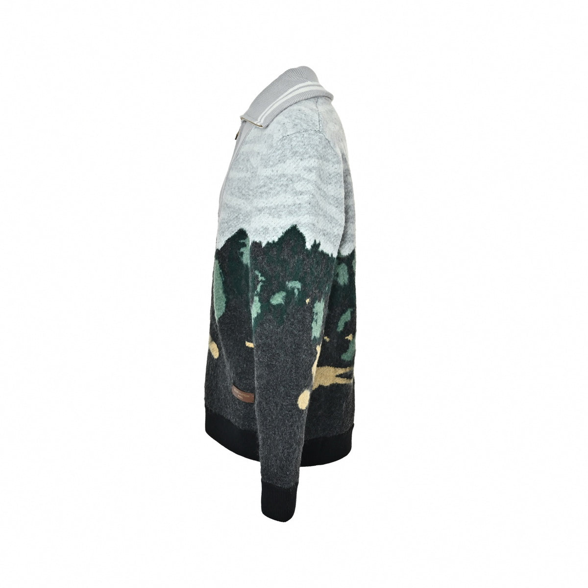 Landscape Intarsia Wool Full-Zip Cardigan Jacket in Grey & Multi