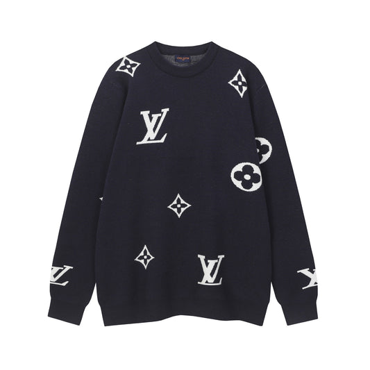 Scattered Monogram Intarsia Wool Crewneck | Navy