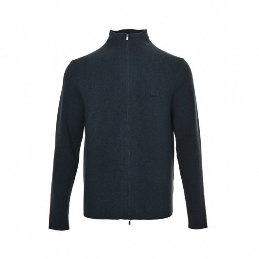 CD Embroided Full-Zip Stand-Collar Knit Sweater Jacket in Dark Navy