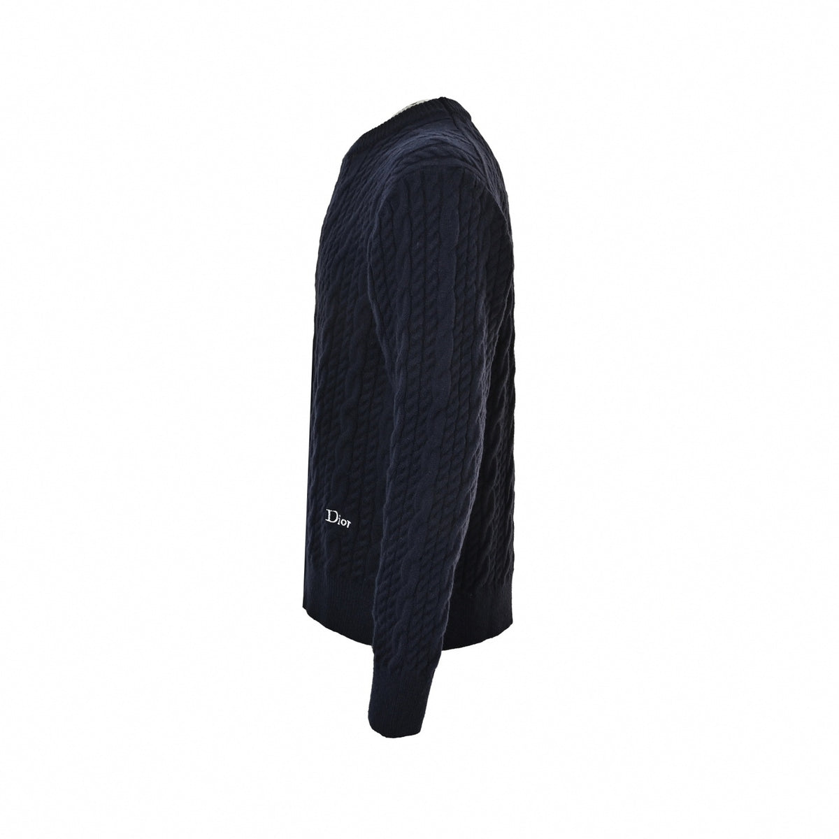 Cable-Knit Embroidered Logo Crewneck Sweater in Navy Blue