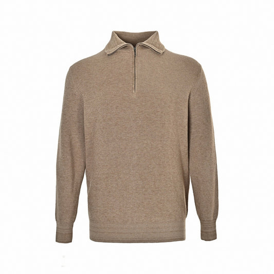 Camel Ribbed Quarter-Zip Knit Sweater