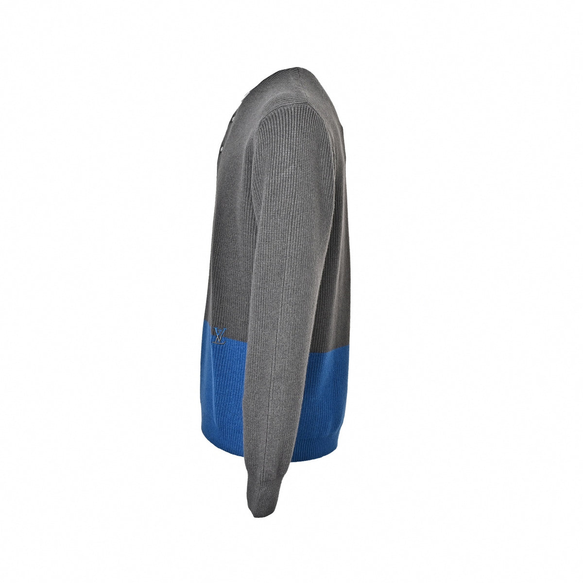 Color-Blocked Ribbed Wool Polo Collar Sweater in Grey & Electric Blue