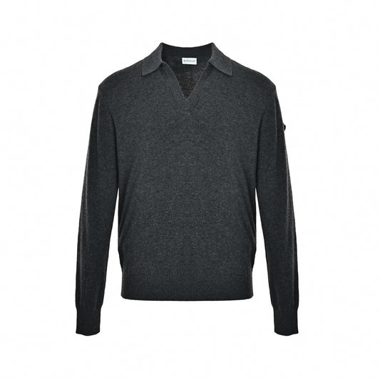 Open-Collar Long-Sleeve Wool Polo Jumper in Charcoal Grey