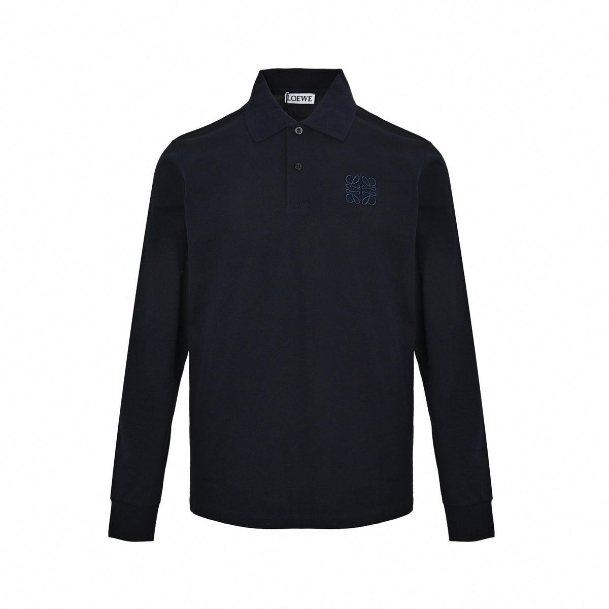 Anagram Embroidered Long-Sleeve Cotton Polo Shirt in Dark Navy