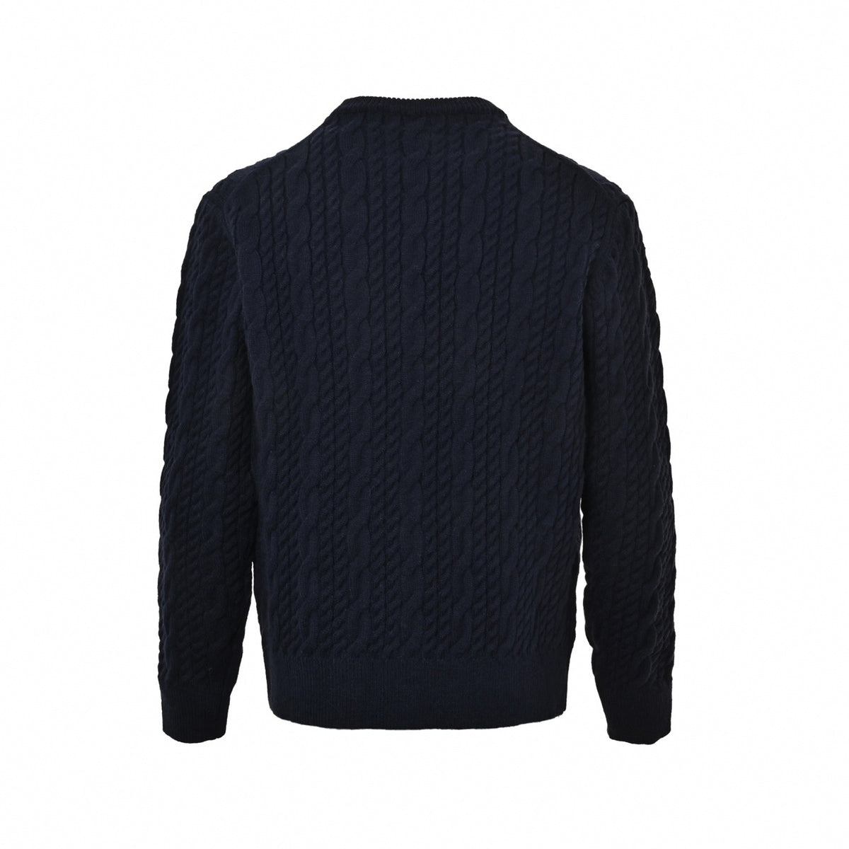 Cable-Knit Embroidered Logo Crewneck Sweater in Navy Blue