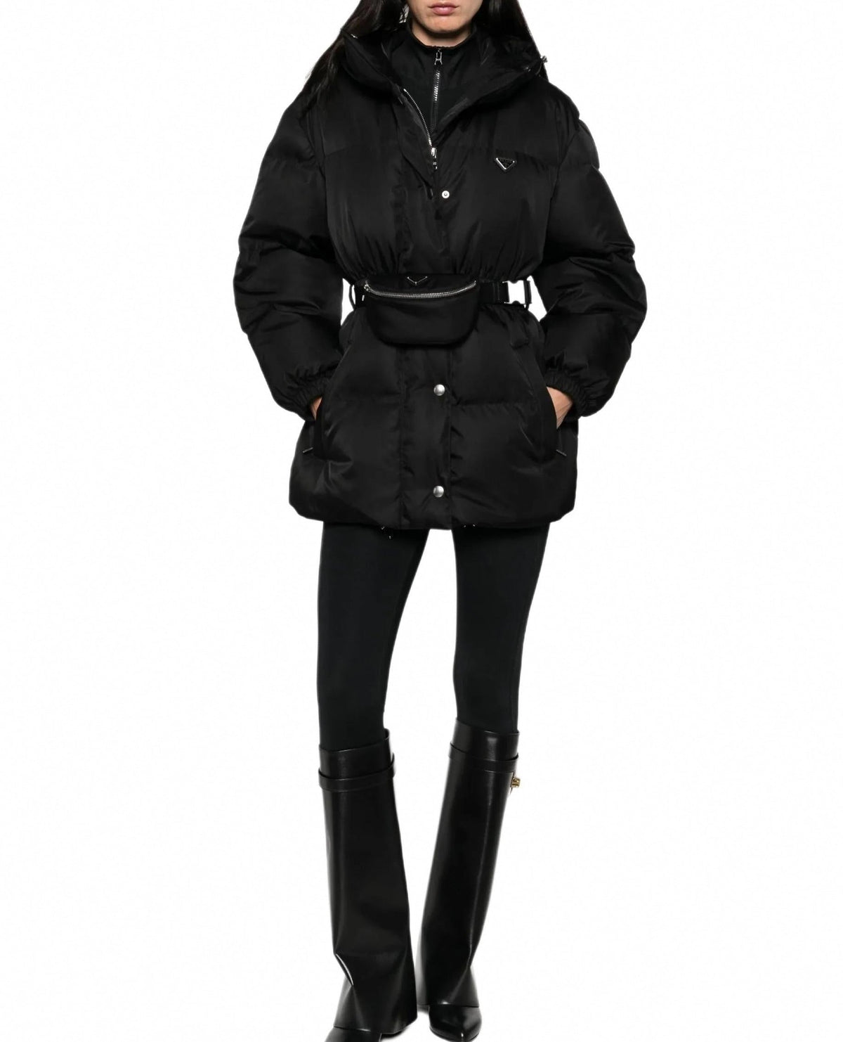 Belted Puffer Jacket with Pouch - Black