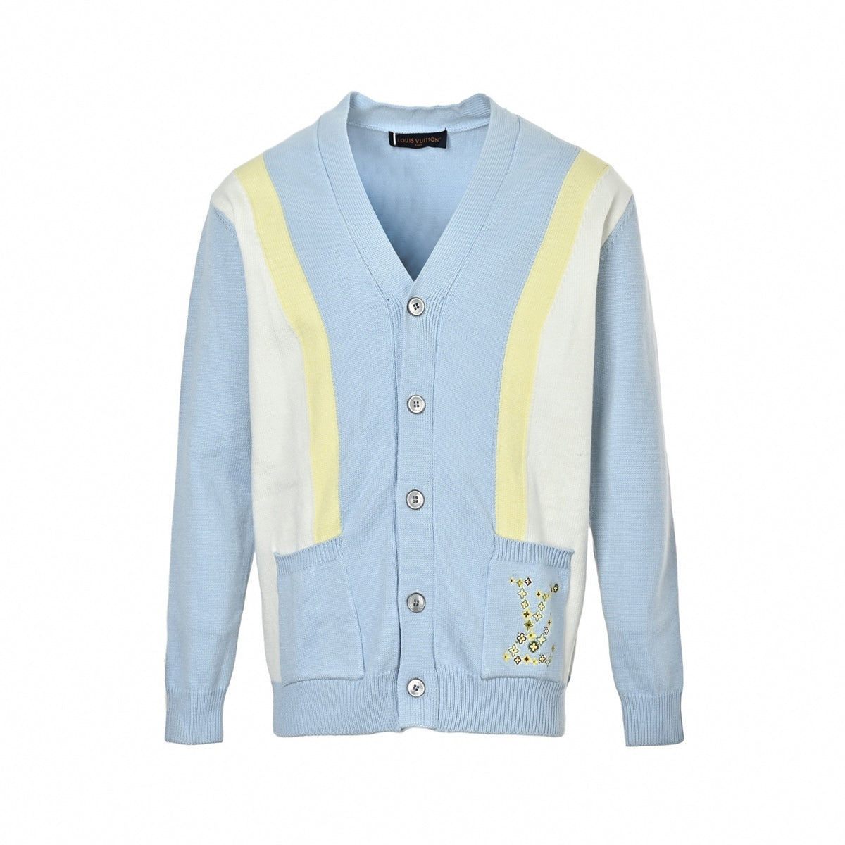 Monogram Flower Embroidered Striped Cardigan in  Blue & Yellow