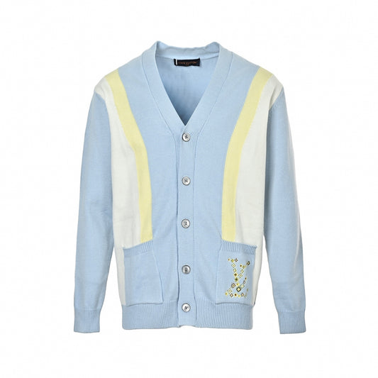 Monogram Flower Embroidered Striped Cardigan in  Blue & Yellow
