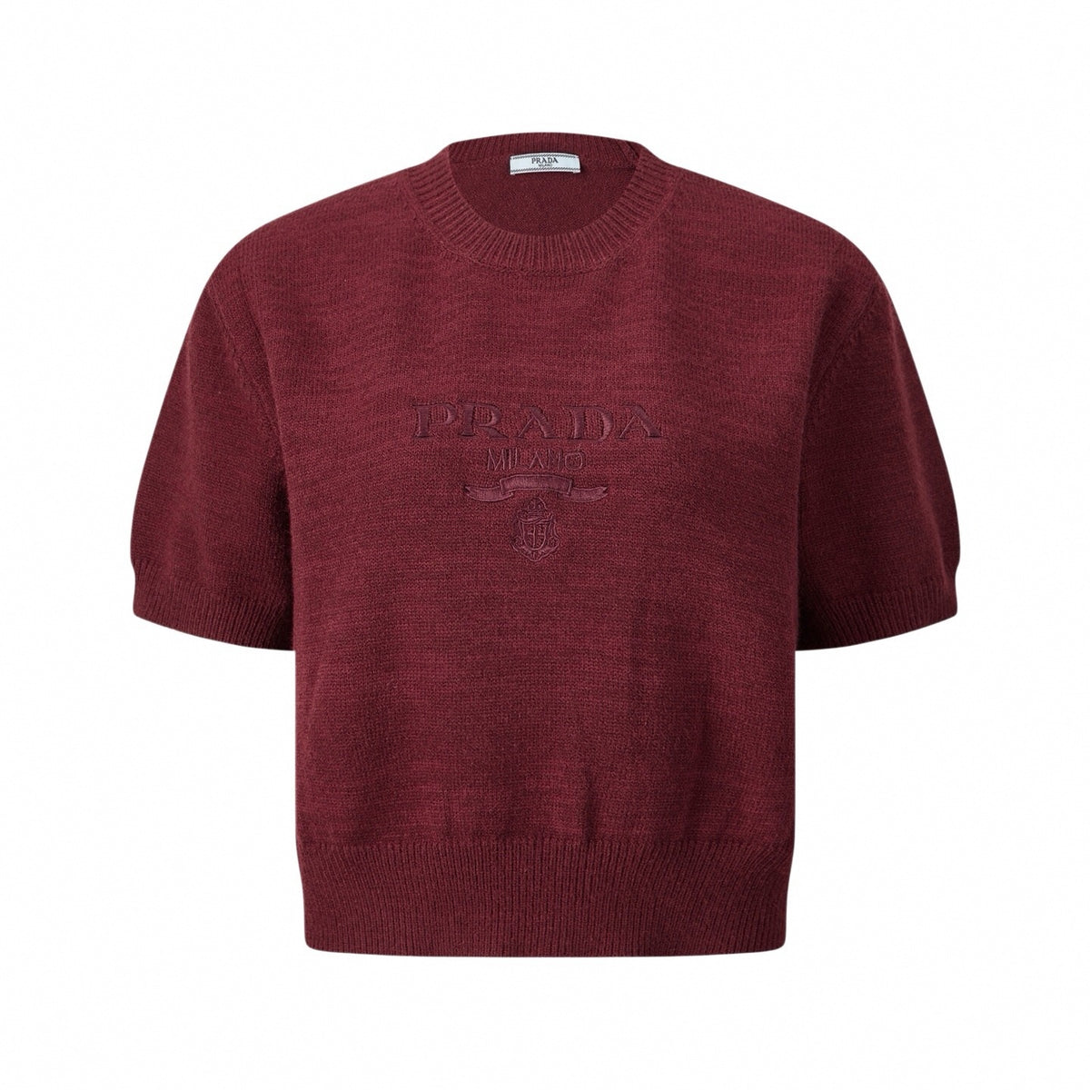 Tonal Embroidered Logo Short-Sleeve Knit Sweater in Burgundy