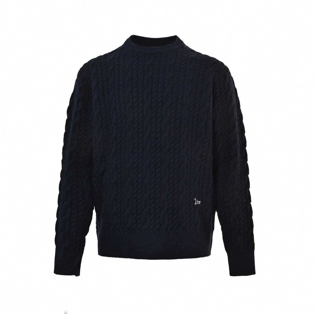 Cable-Knit Embroidered Logo Crewneck Sweater in Navy Blue