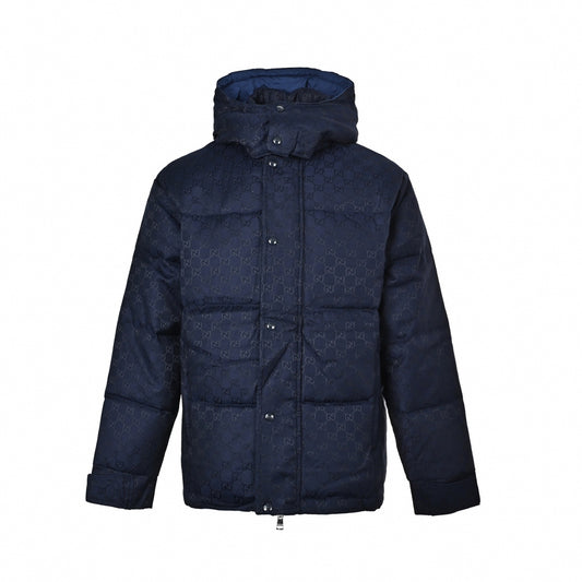 GG Jacquard Canvas Hooded Down Puffer Jacket in Dark Navy