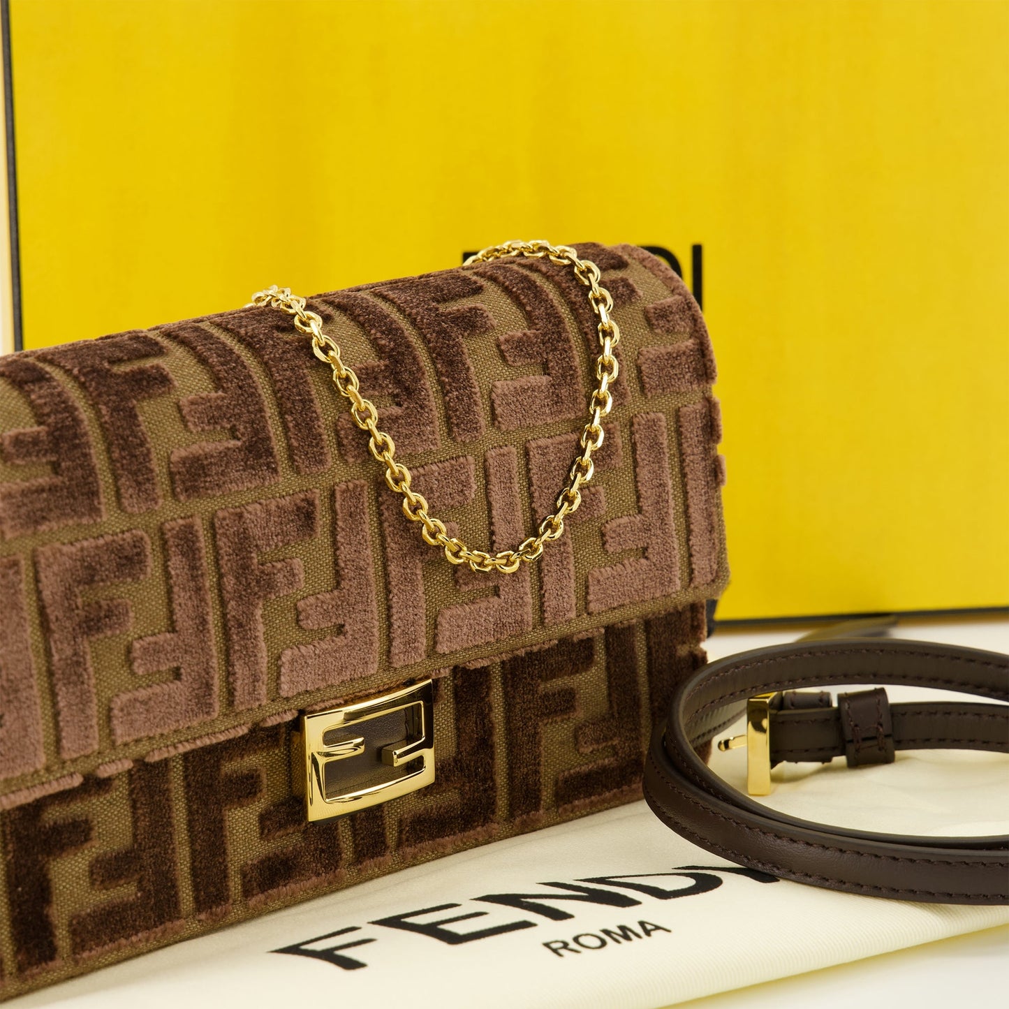 Brown Velvet Chain Baguette Wallet