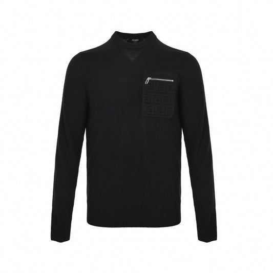 Embossed FF Logo Zipped Pocket Wool Crewneck Sweater in Black