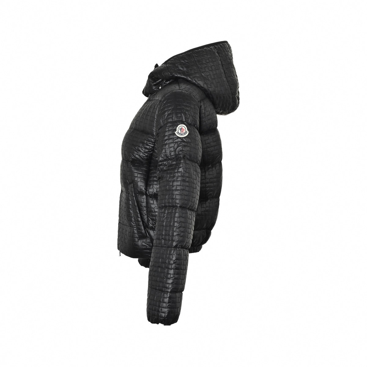 Embossed Brick Grid-Quilted Hooded Down Puffer Jacket in Glossy Black