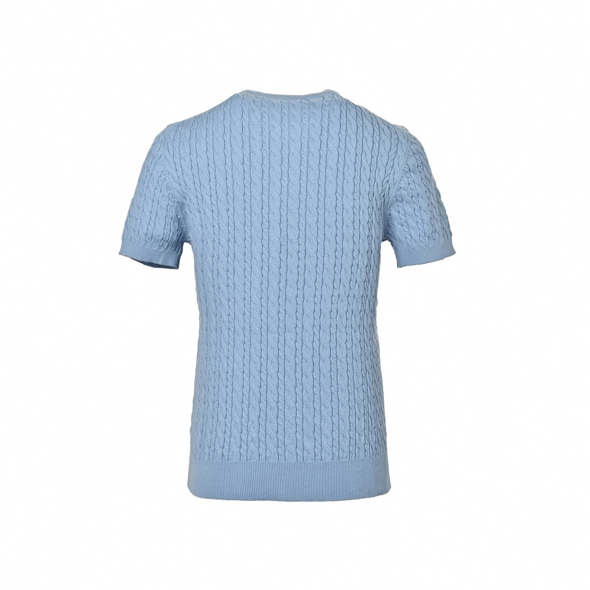 Cable Knit Short-Sleeve Sweater with Crest - Light Blue