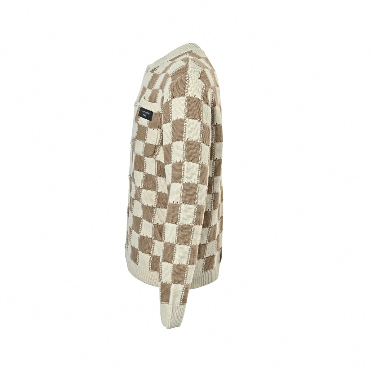 Damier Intarsia Knit Cardigan in Beige & Cream