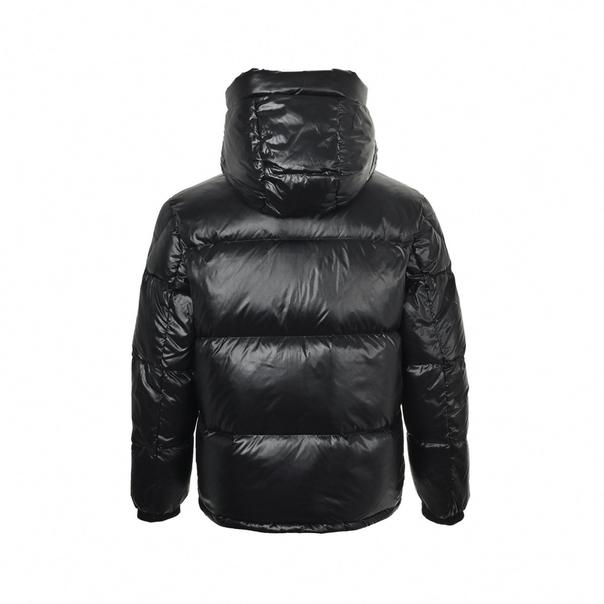 Tricolor Zip Hooded Down Puffer Jacket in Shiny Black