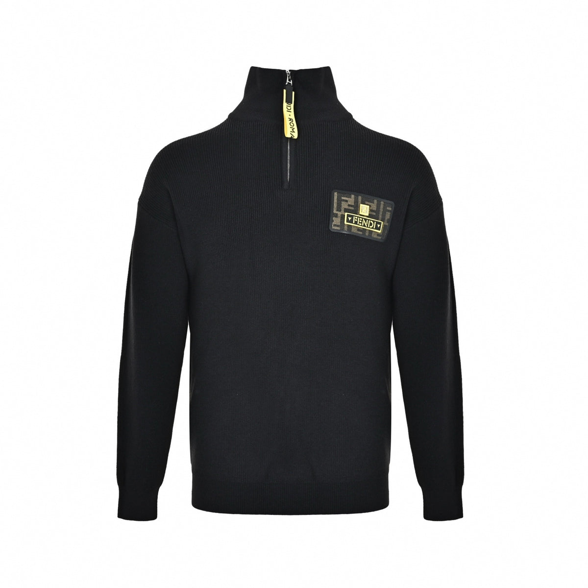 FF Patch Half-Zip Ribbed Knit Wool Jumper in Black & Yellow