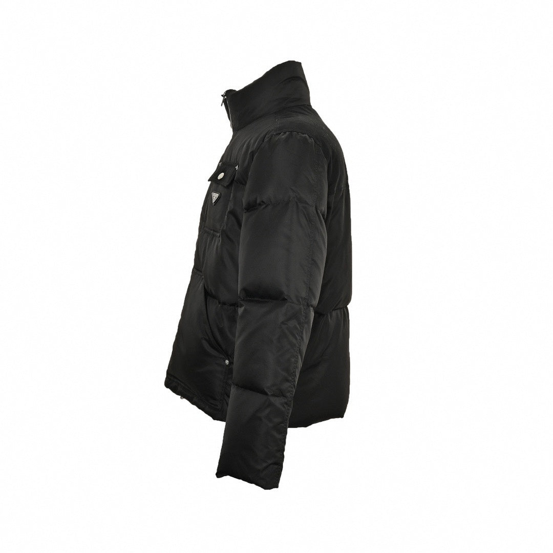 Enamel Triangle Logo Re-Nylon Puffer Jacket in Jet Black