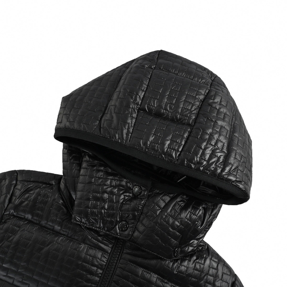 Embossed Brick Grid-Quilted Hooded Down Puffer Jacket in Glossy Black