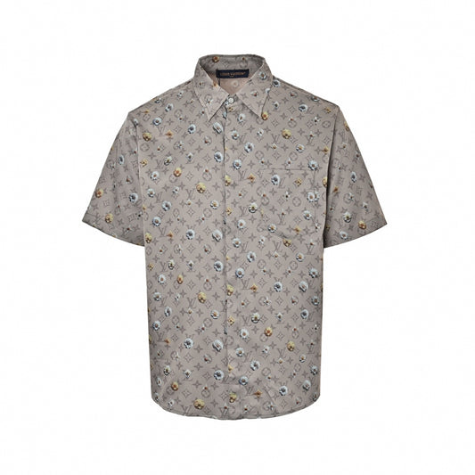 Botanical Monogram Short-Sleeve Shirt - Taupe/Grey