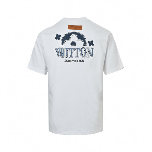 Denim Appliqué Pattern T-Shirt - White