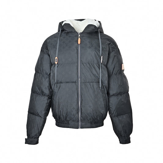 Monogram Jacquard Hooded Down Puffer in Charcoal Grey